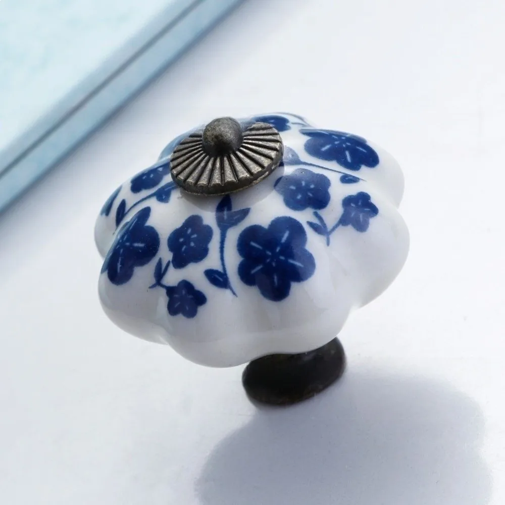 New Ceramic Drawer Pulls Pumpkin Shape Floral Pattern Furniture Knobs Vintage Style Decorative Knobs Dresser Drawer