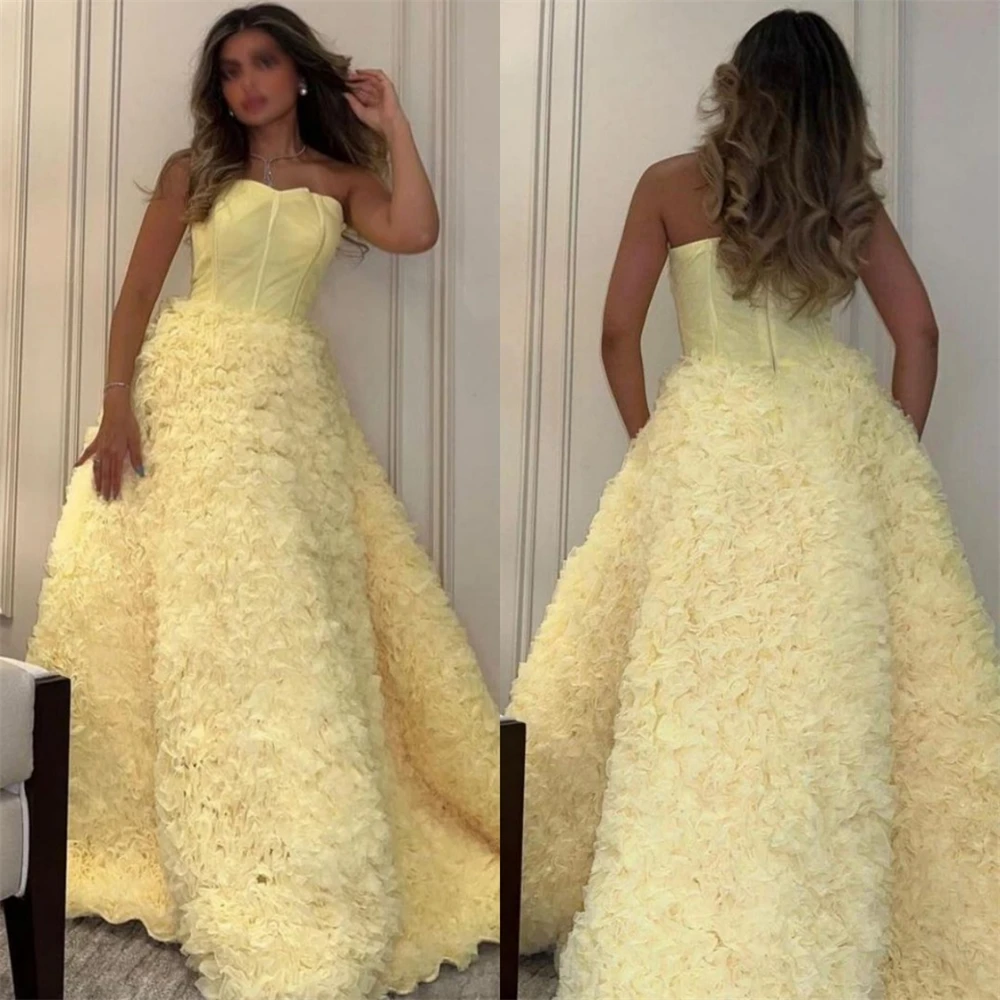 Customized Prom Dresses Simple Strapless Ball Gown Cocktail FlowersFold Chiffon Occasion Evening Gownفستان سهرة نسائي فخمه  luxu