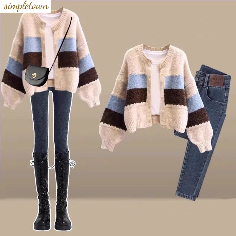 

Autumn/Winter Women's Set 2024 Simple Top Splicing Round Neck Knitted Cardigan High Waist Jeans Three Piece Set Trendy