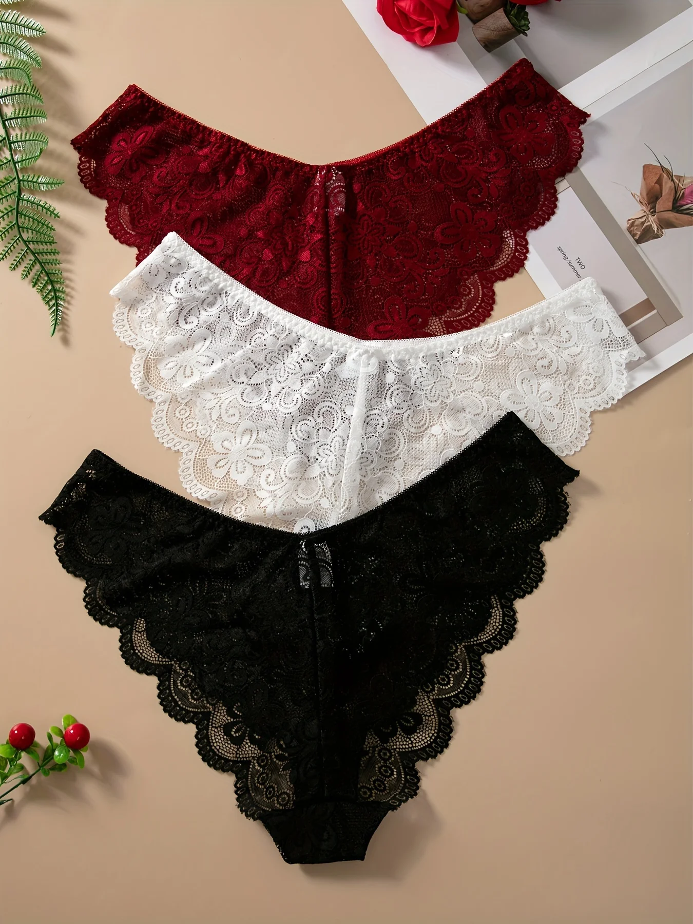 Calzoncillos de encaje floral, sexys, para mujer, en tallas grandes, paquete de 3 unidades, con borde festoneado, ropa interior suave para uso diario.