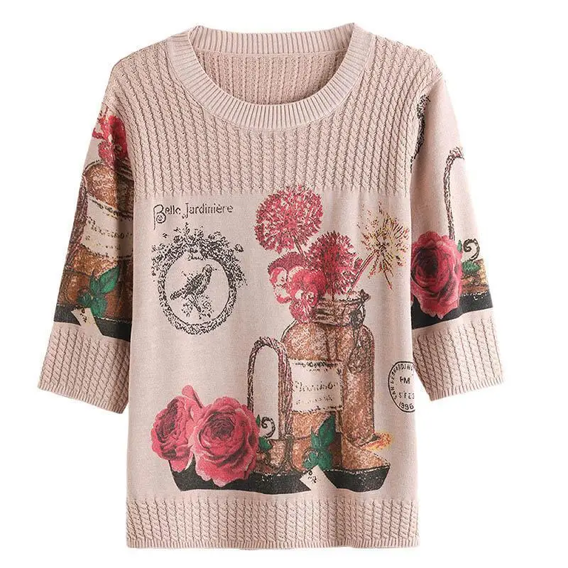 Women\'s Round Neck Sweaters 2023 Spring and Autumn Floral Printing Vintage Loose Half Sleeve All Match Pullover Knit Korean Tops