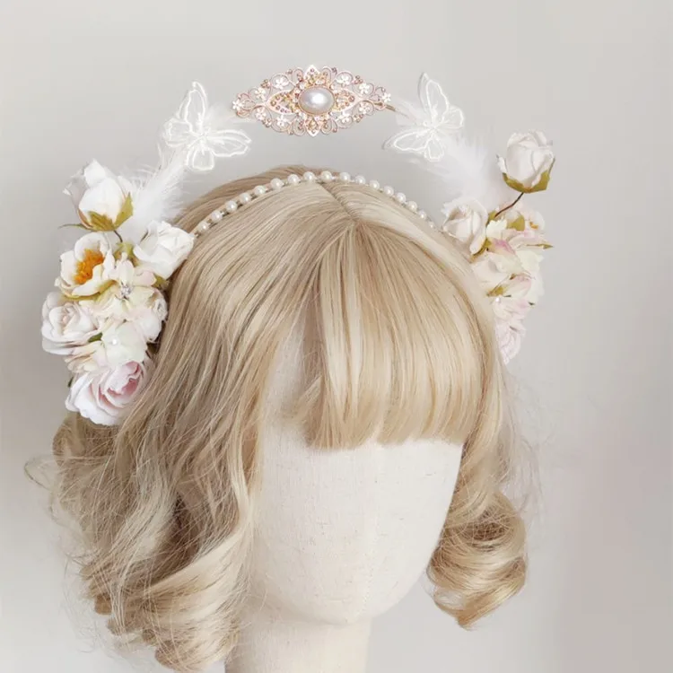 Sweet Rose flower Headpiece Lolita Vintage KC Crown Headband Angel Virgin Mary Baroque Tiara Headwear Anime Decor