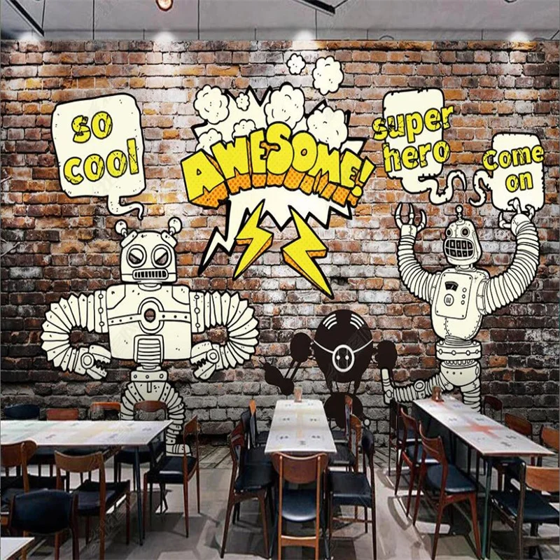 Retro Brick Wall Robot Wallpaper for Kids Restaurant Background Wall Custom Mural Cafe Industrial Decor Home Decor Wall Paper