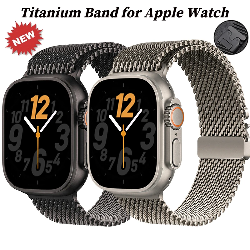 Titanium Band for Apple Watch Ultra 3/2 49mm IWatch Series 11 10 9 8 7 6 Natural Titanium Milanese Loop Strap Parachute Buckle
