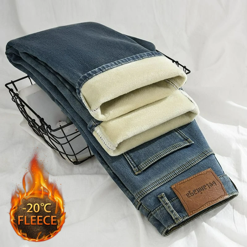 Women Thermal High Waist Jeans Y2K Autumn Winter Warm Plush Stretch Jeans Lady Wide Leg Thicken Denim Pants Fleece Fur Trousers