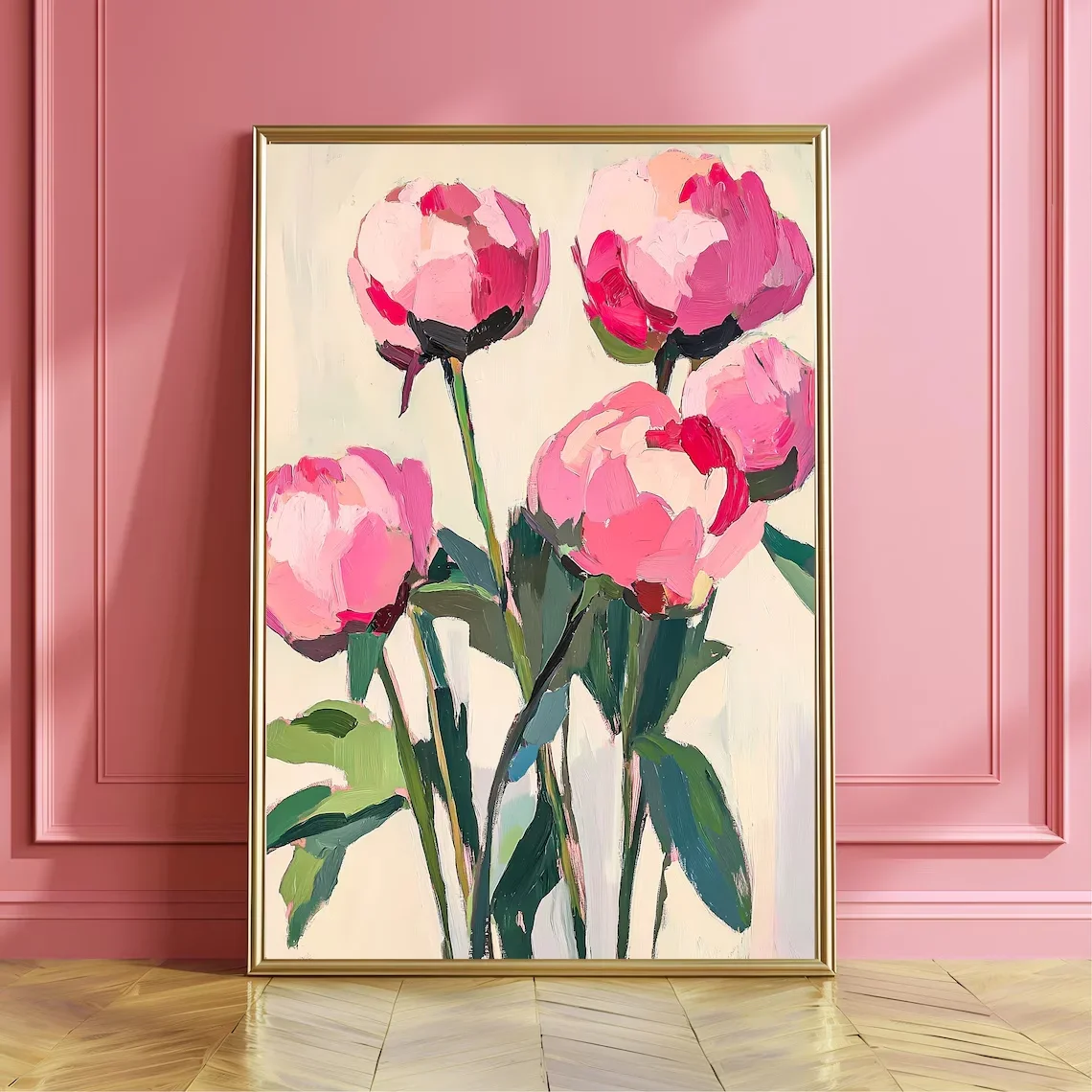 1pc frameless Canvas Painting Pink Peony Wall Art, Minimalist Floral Print, Palette Knife Painting, Modern Peony Art, Bold Brush
