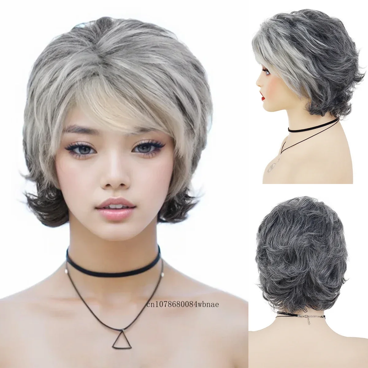 Ombre Grey Synthetic Wigs for Old Women Short Pixie Cut Hairstyles Fluffy Layered Curly Wig with Side Bangs Daily Party Costume