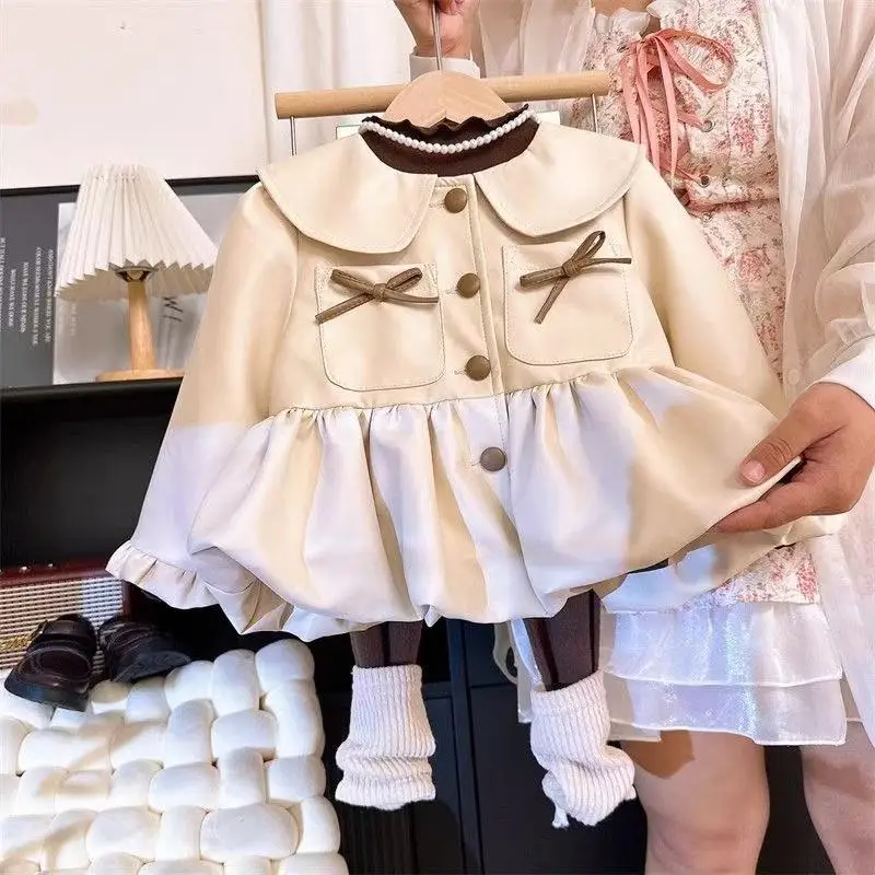 

2-7 Years Girls Leather Jacket Spring and Autumn 2026 New Style Korean Version Children's Bow Sweet Coat Top 90-140CM