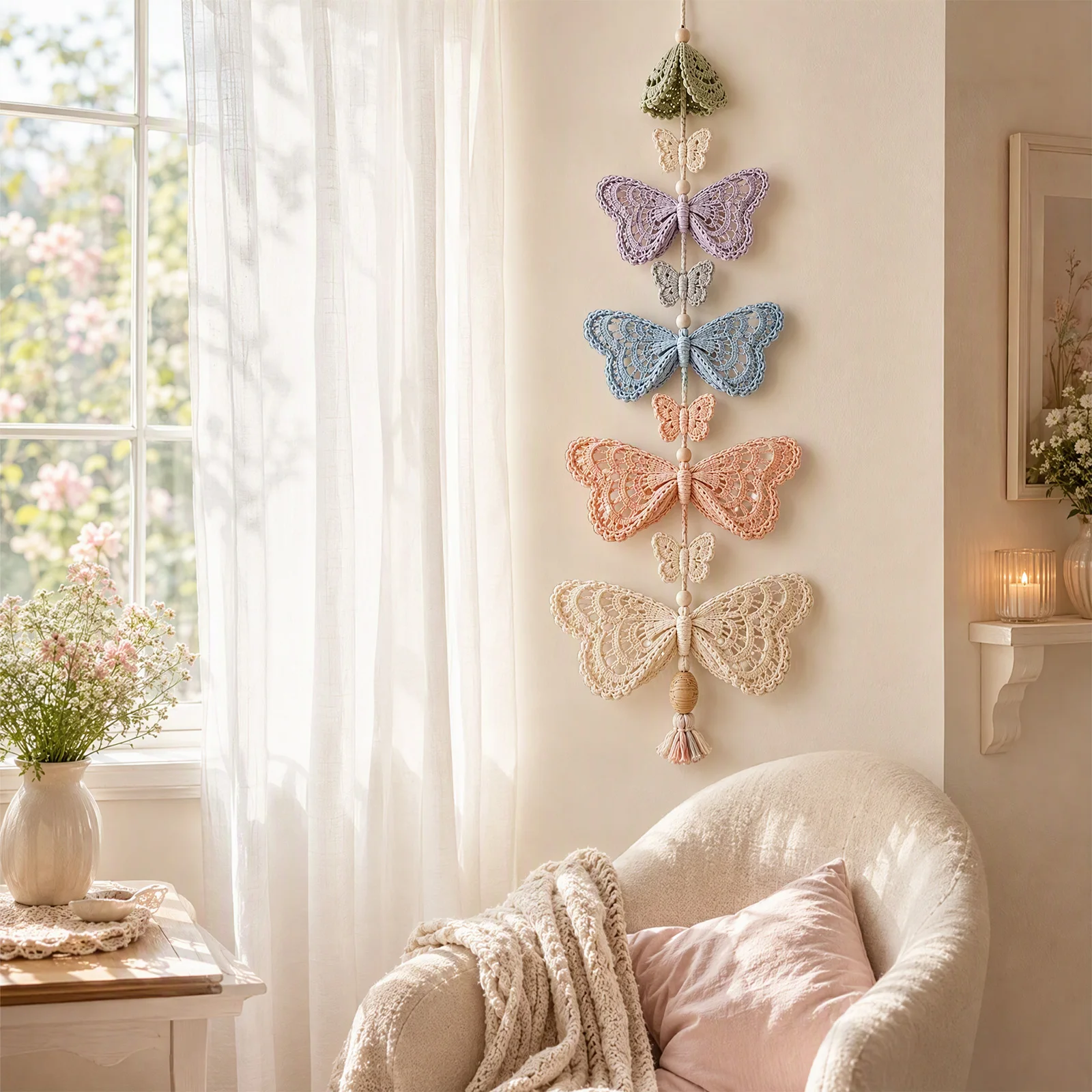 Lace Crochet Pattern Butterfly Garden DIY Kit Macaron Yarn Boho Wall Hanging Handmade Gift Set