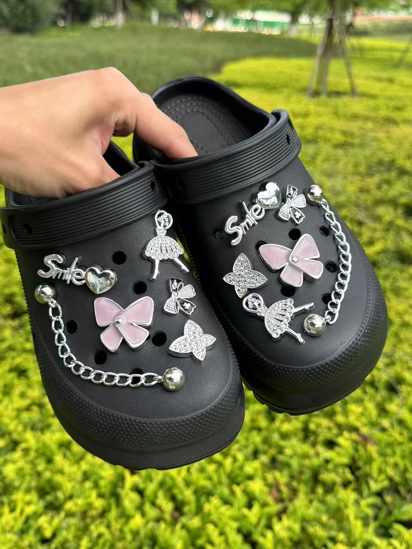 12 فراشة بنفسجية فضية، فتاة راقصة، فراشة صغيرة، مشبك أحذية سلسلة ديكورات ذاتية الصنع، وصلة مشبك أحذية متعددة الوظائف #3