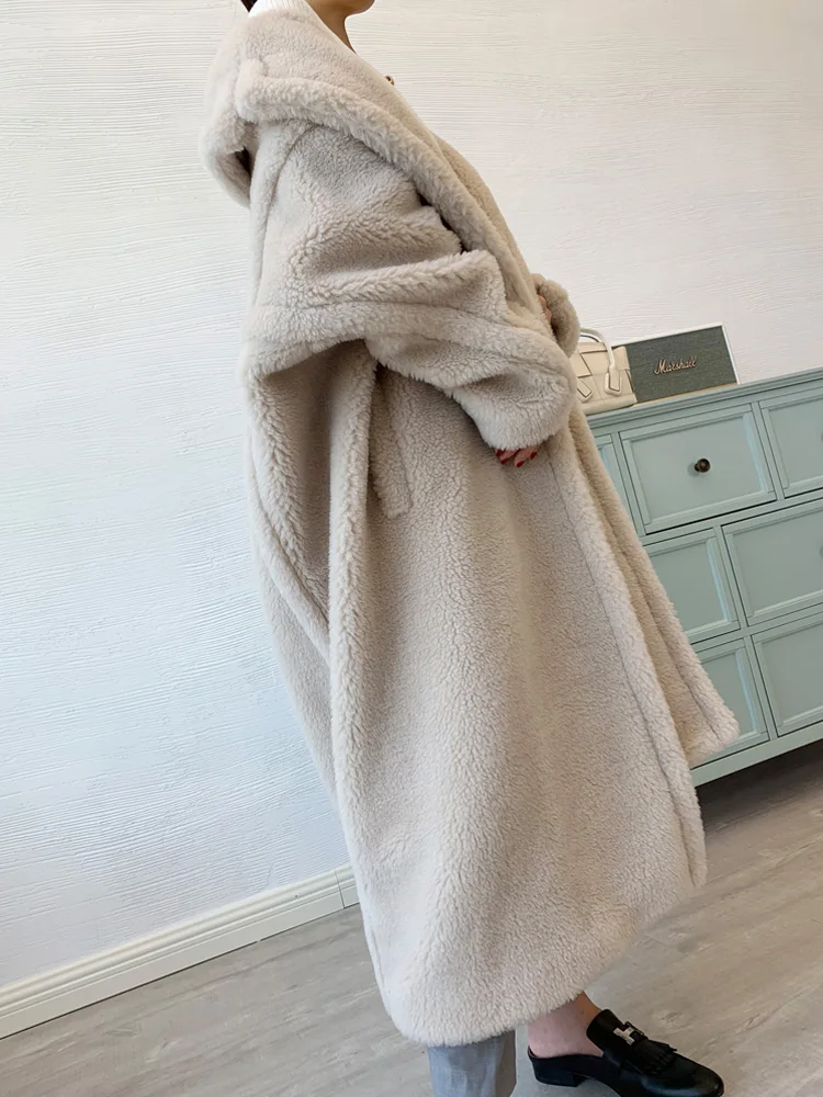 New Luxury Teddy Bear Coat Women Mid-length Cashmere Natural Wool Fur Coat Loose Silhouette Lapel Long Sleeve Jacket Fit Winter