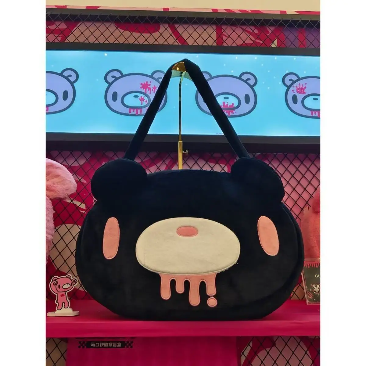 Gloomying Bear Shoulder Bag Cartoon Gothic Pink Blood Violent Bear Plush Tote Bag for Girls Women Large Capacity Shopping Bag