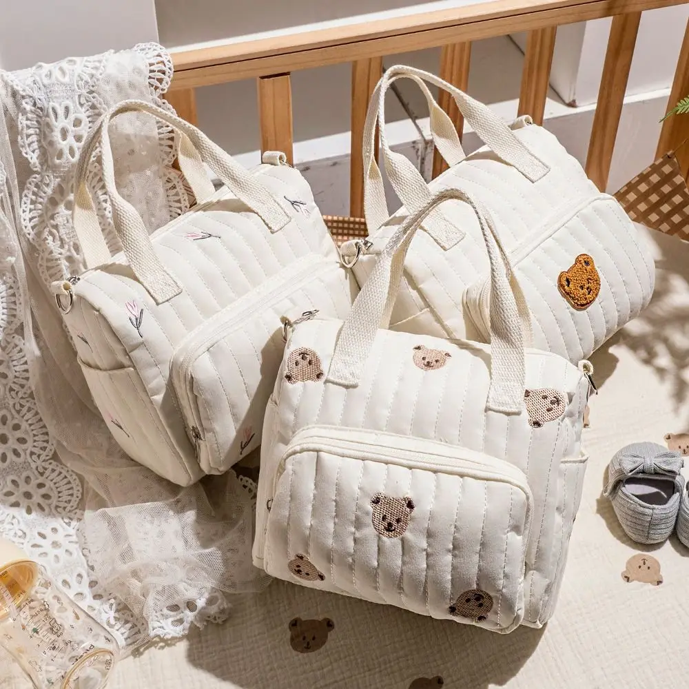 Simple Korean Style Mummy Bag Embroidery Flower Baby Diaper Organizer Multi-pocket Lightweight Women Handbag Female