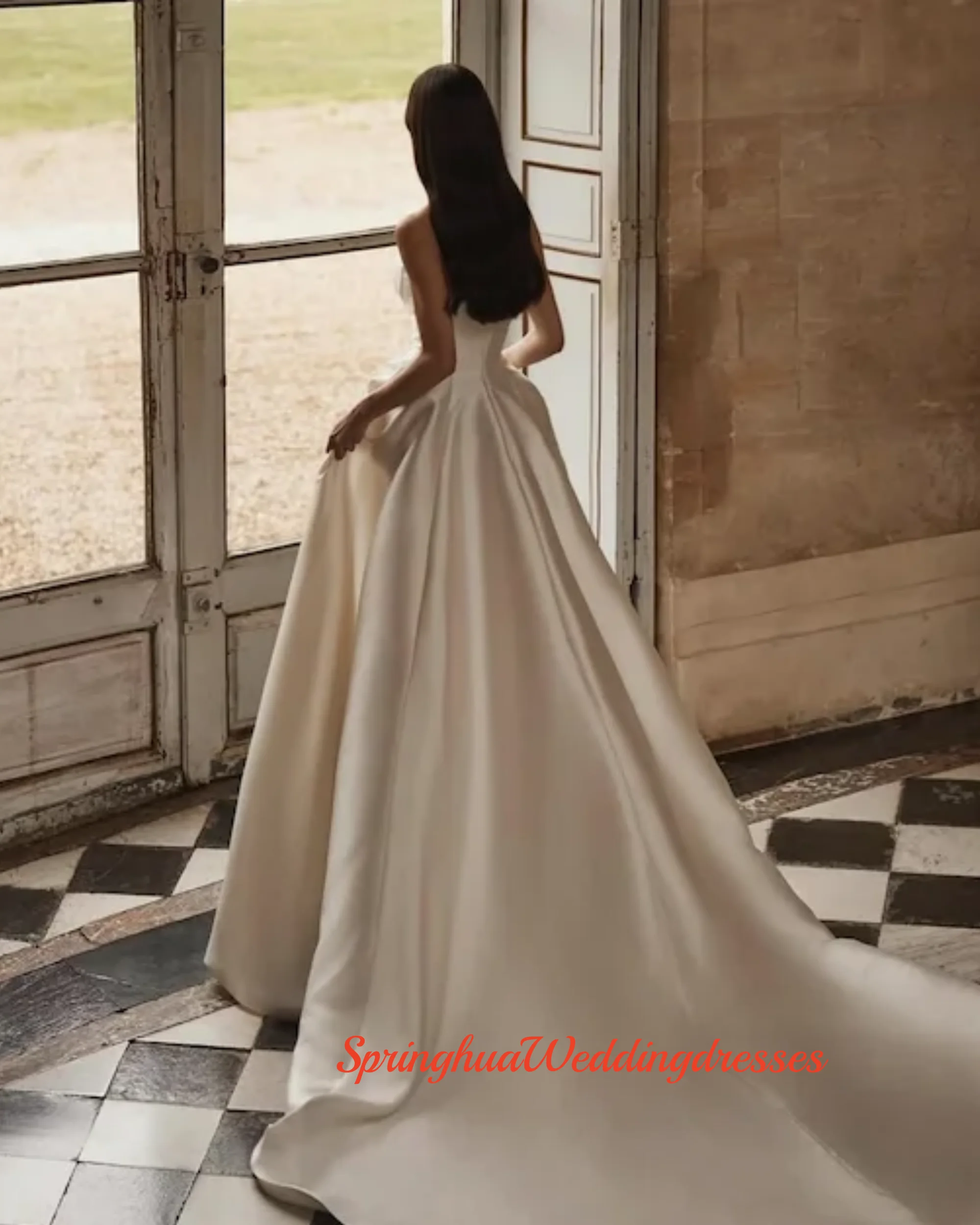 Customzied Customize To Measures A-Line Wedding Dress Floor Length Side Slit Bridal Gowns Zipper Back Court Train vestidos de no