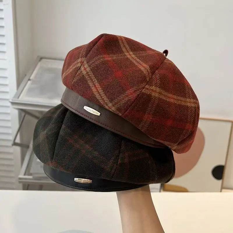 

Fashion Women's Autumn and Winter British Retro Checkered Bud Octagonal Hat Casual and Face-showing Little Street Painter Beret