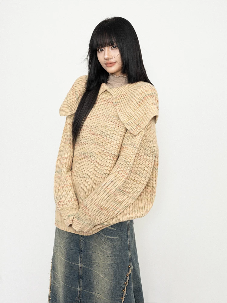 

Свободный вязаный свитер женский осенне-зимний модный с большим воротником в студенческом стиле, с длинными рукавами, однотонный