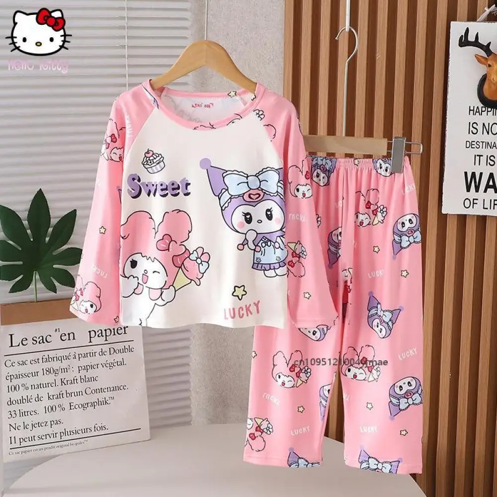 

2Pcs Children Pajamas Set Sanrio Cinnamoroll Cartoon Long Sleeved Fashion Lapel Kuromi Casual Loose Cute Girls Kawaii Homewear