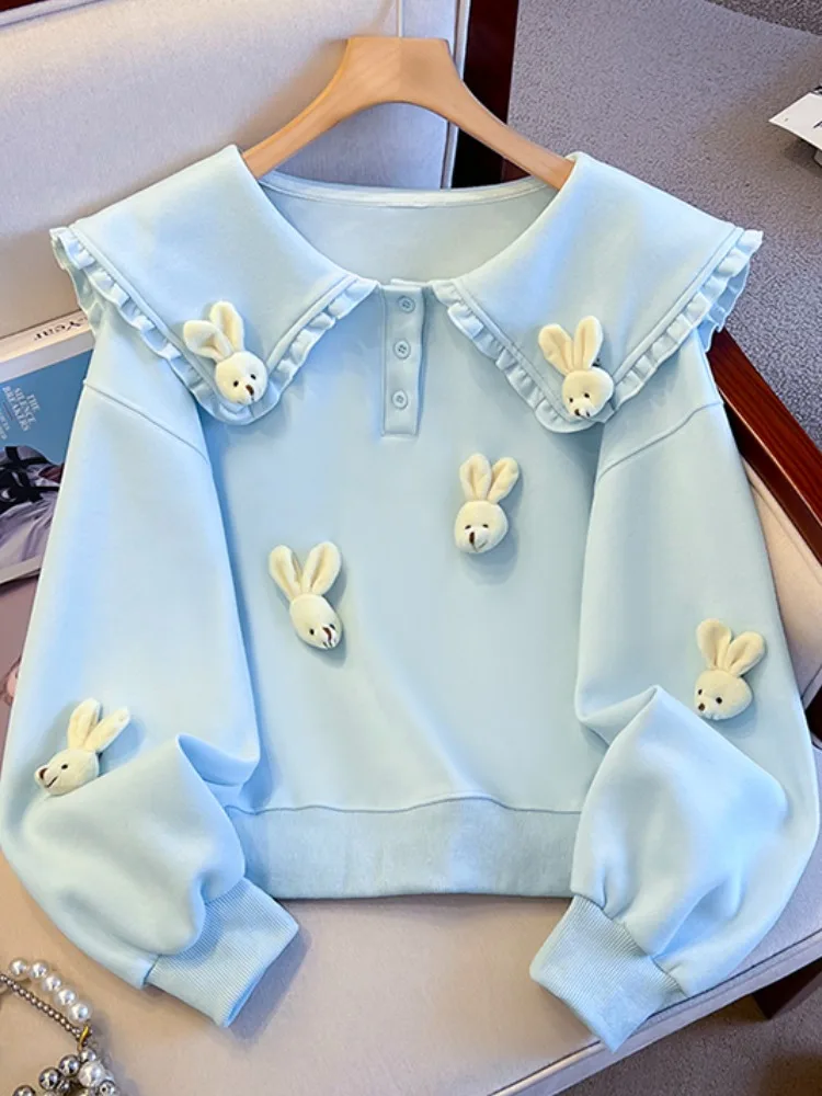 

Recommend Self-Kept Long Sve Navy Collar Rabbit Patterned Sweatirt Women's Loose ort Top for Autumn Season Korean Sle