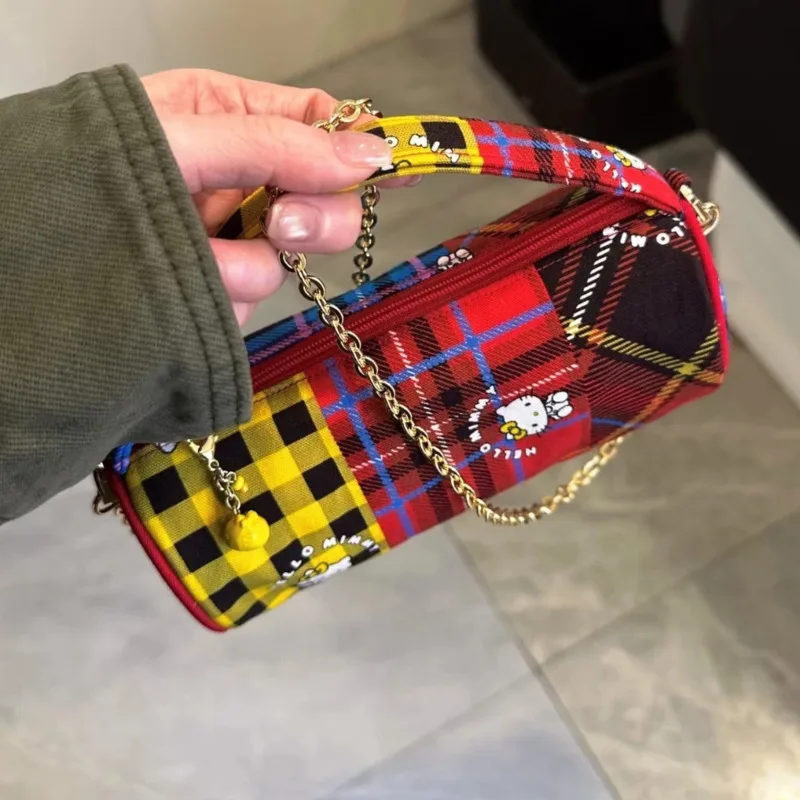 

Miniso Grid Hellokitty Y2k Маленькая сумочка в стиле пэчворк с графическим рисунком, милая сумка в форме бочонка, цепочка на плечо, кавайная сумка через плечо для девочек