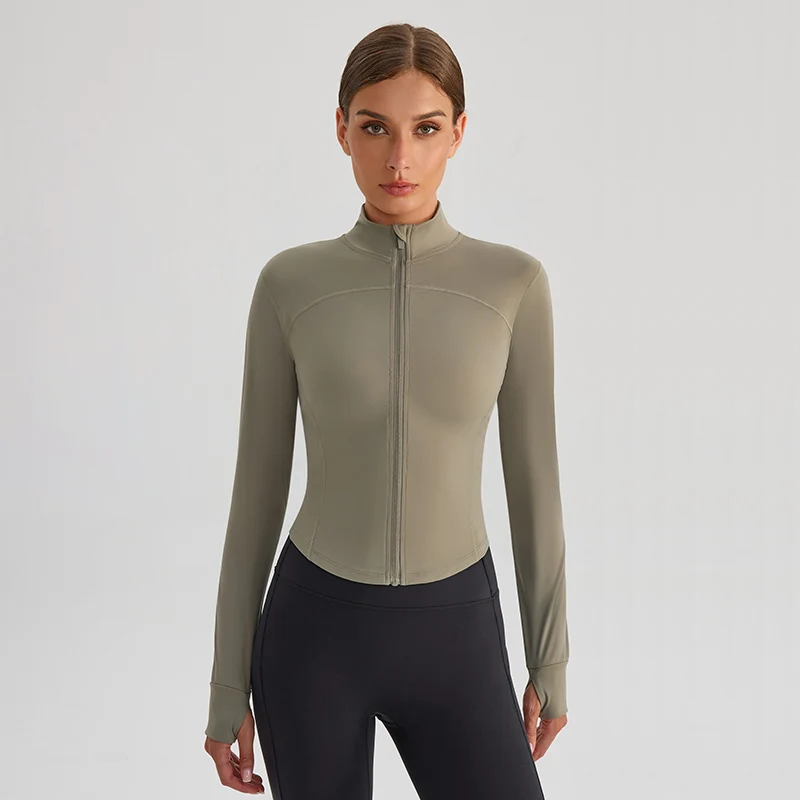 Women's Long Sleeve Sports Jacket, Slim Fit Running Training Coat, Stand Collar Fitness Top, Bodycon Workout Jacket