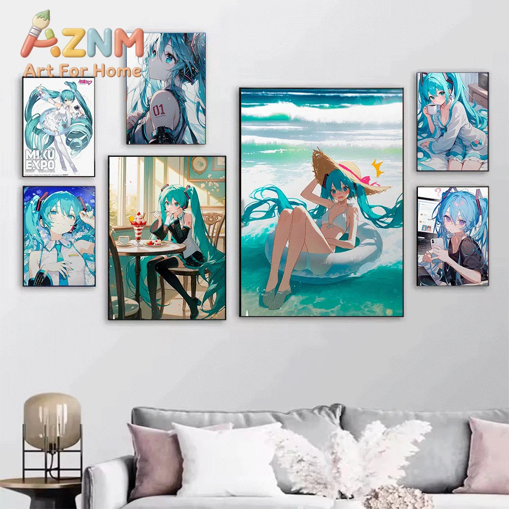 AZNM Hatsune Miku Daily Casual Life Canvas Painting, Frameless Canvas Wall Art, Virtual Singer Anime Wall Painting for Bedroom