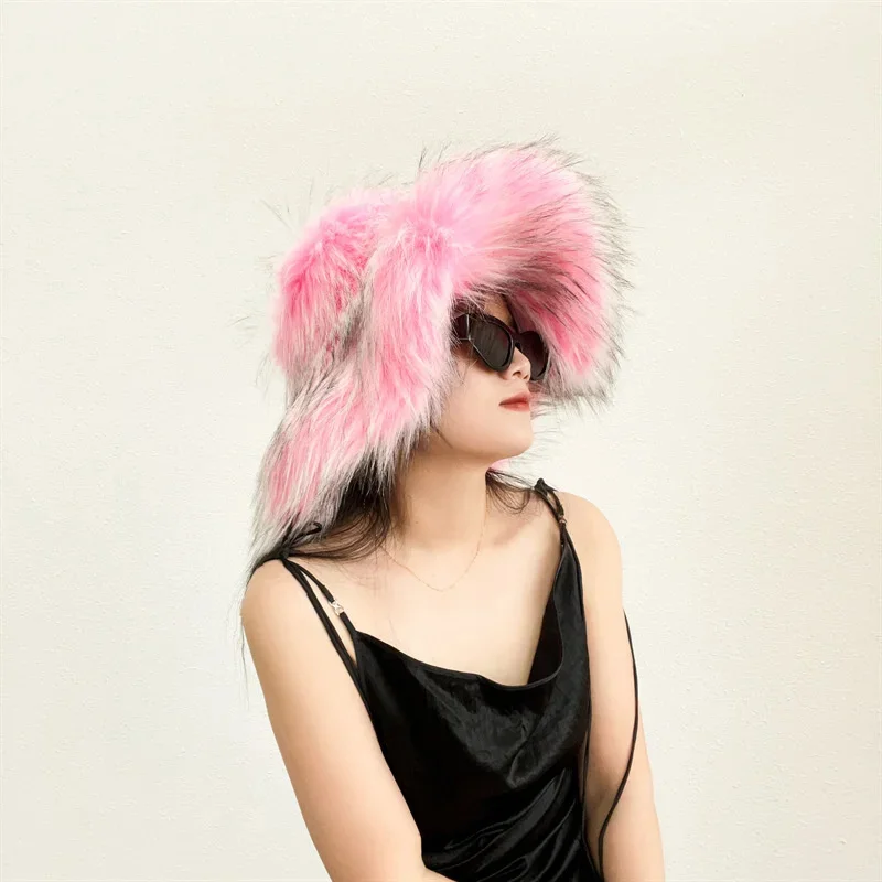 New Fluffy Faux Fur Bucket Hat Women Raccoon Fur Warm Thick Plush Winter Hat Lady Luxury Fashion Furry Panama Fisherman Cap