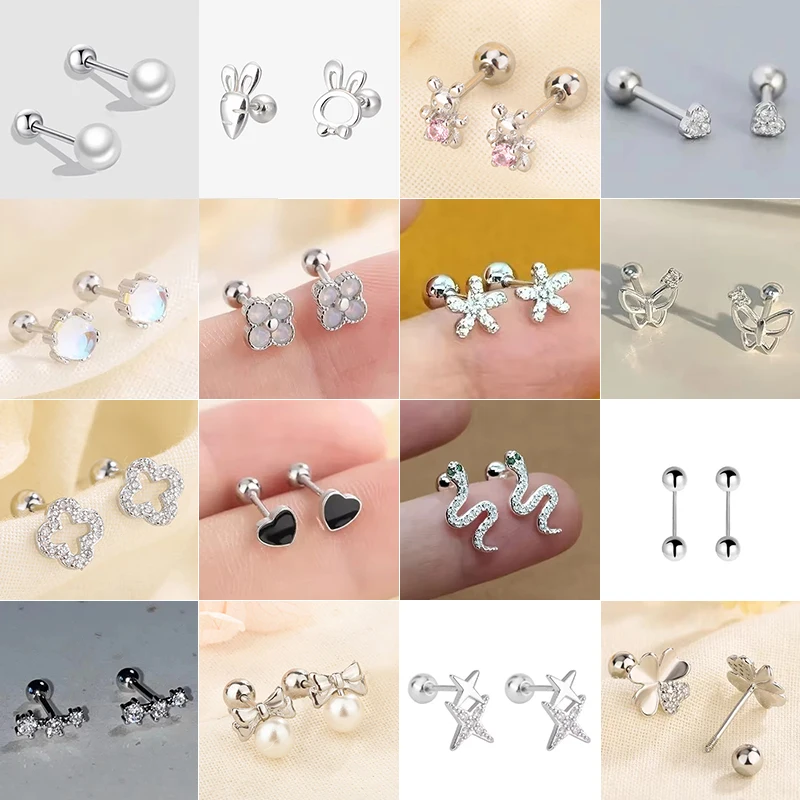 Korean 925 Silver Needle Tragus Piercing Helix Studs Earrings for Women 2Pcs Butterfly Heart Trendy Ear Piercing Body Jewelry