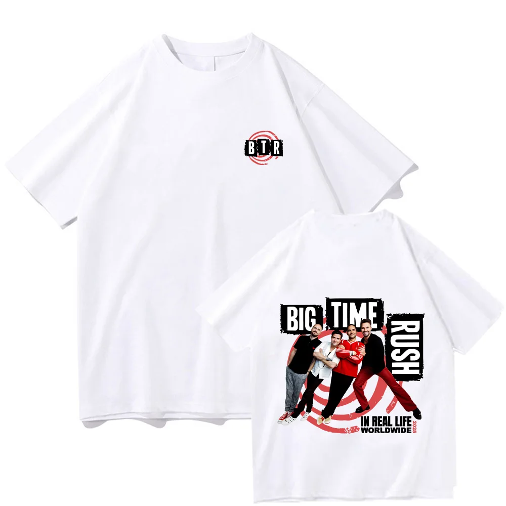 BTR en REAL LIFE WORLDWIDE 2025 TOUR TEE Rock Band Big Time Rush camisetas sueltas Casual hombres mujeres camiseta ropa con estampado gráfico