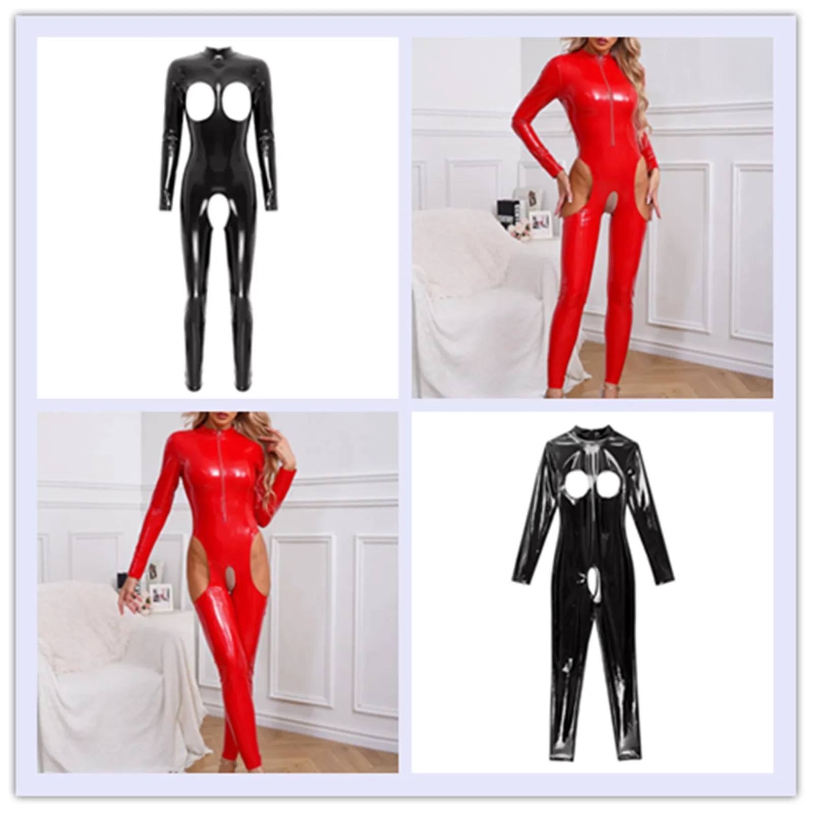 الملابس الداخلية النسائية براءات الاختراع والجلود اللاتكس بذلة سستة Crotchless مفتوحة الصدر Catsuit زي نظرة الرطب عارية الثدي يتعرض ارتداءها