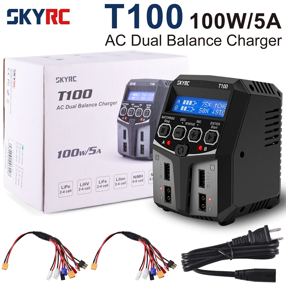 

SKYRC T100 AC Lipo Battery Balance Charger Dual 5A 2X50W 2-4S RC Car Charger