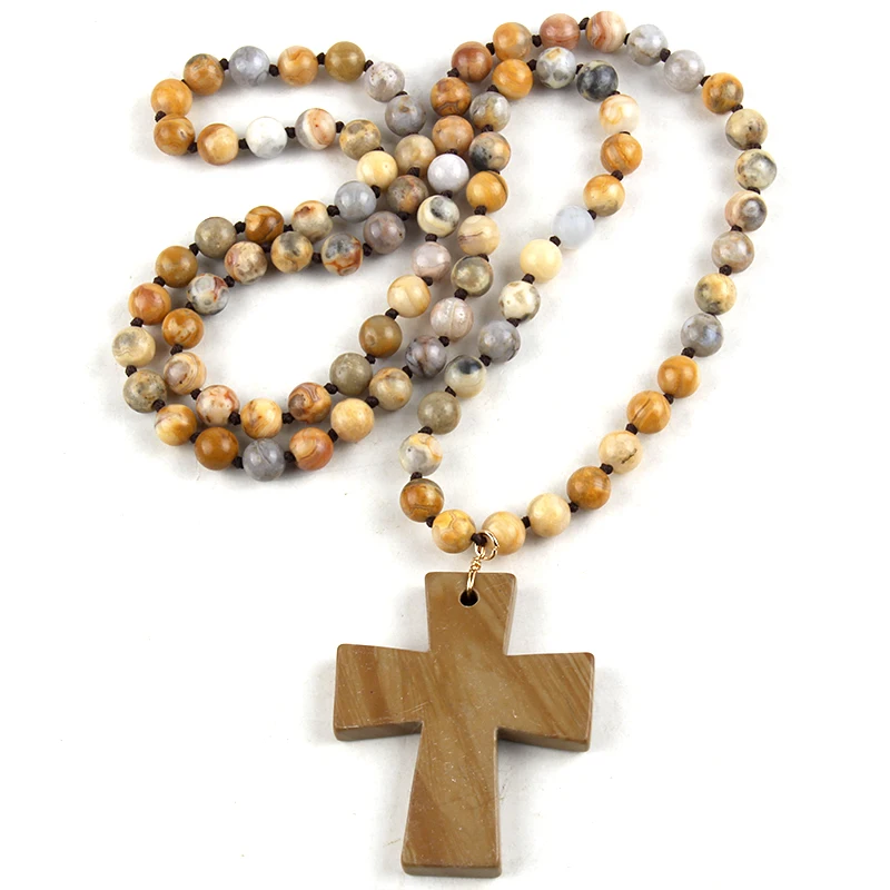 Fashion Semi Precious Stones Beads Statement Necklaces long Knotted Cross Ethnic Necklace