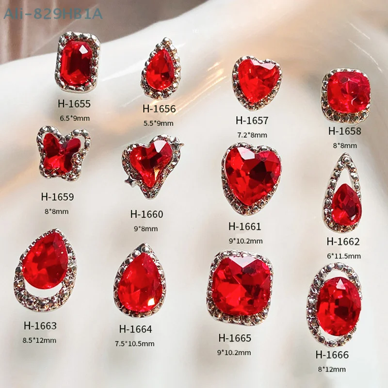 10pcs New Year Nail Decoration Red Manicure Diamond Shiny Rhinestone Different Styles Nail Charm Crystal DIY