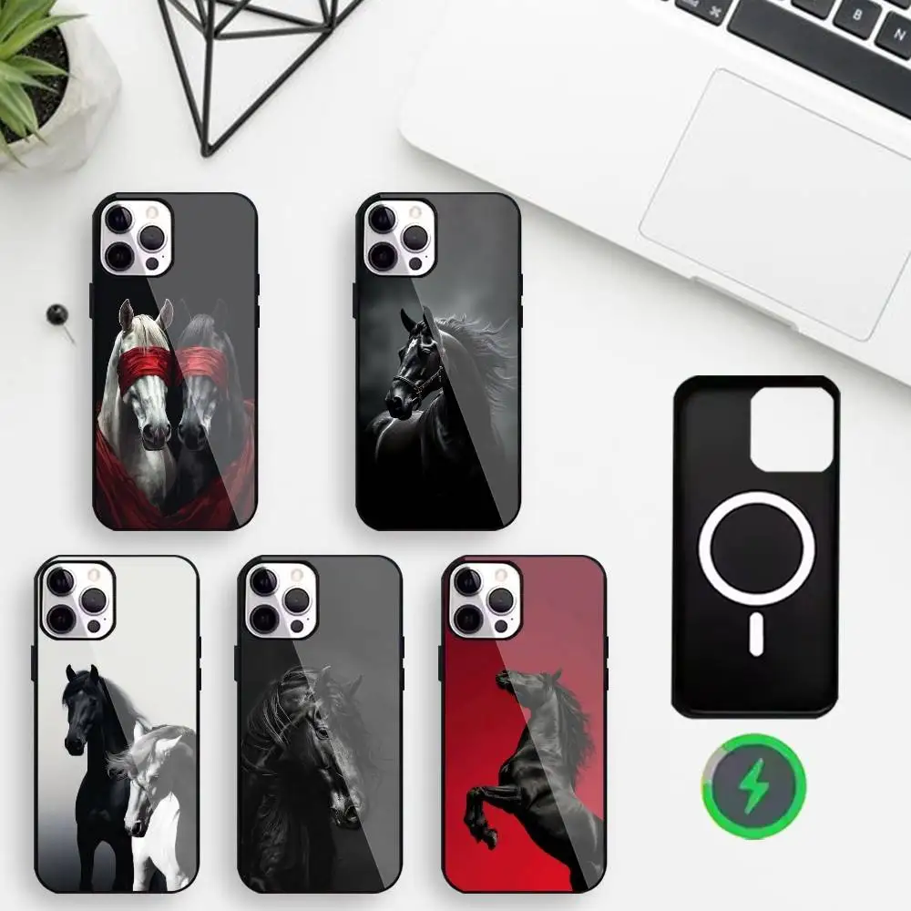 

B-Black Horse Phone Case For iPhone17,16,15,14,13,12,Wireless charging protective case soft cover