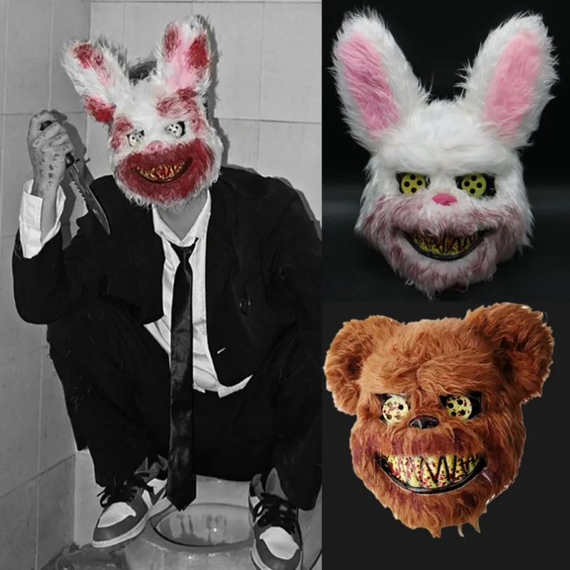 Halloween Party Bloody Head Cover, Rabbit Bear Cosplay Mask para mulheres e homens, Horror Chapelaria Adereços, Acessórios Figurinos