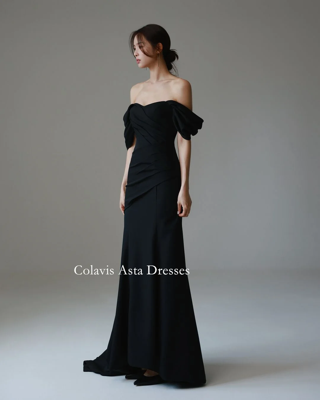 Colavis Asta Korea Off Shoulder Elegant Simple Evening Dresses 웨딩드레스  Black Crepe Satin Custom Made Mermaid Prom Gowns Plus Size