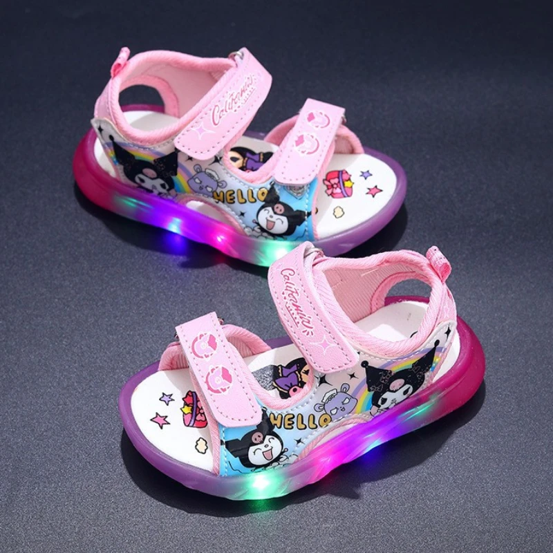 2024 Summer New Baby Led Light Girls Sandals Cute Kuromi Children\'s Casual Shoes Anti-slip Kids Beach Shoes Outdoor Shoes