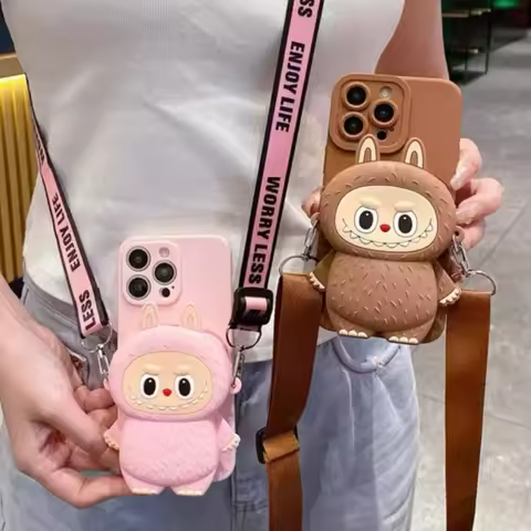 3D Labubu Silicone Wallet Phone Case For Samsung Galaxy A12 A22 A32 A42 A52s A72 A71 A51 A31 A21s A11 With Lanyard Cartoon Cover