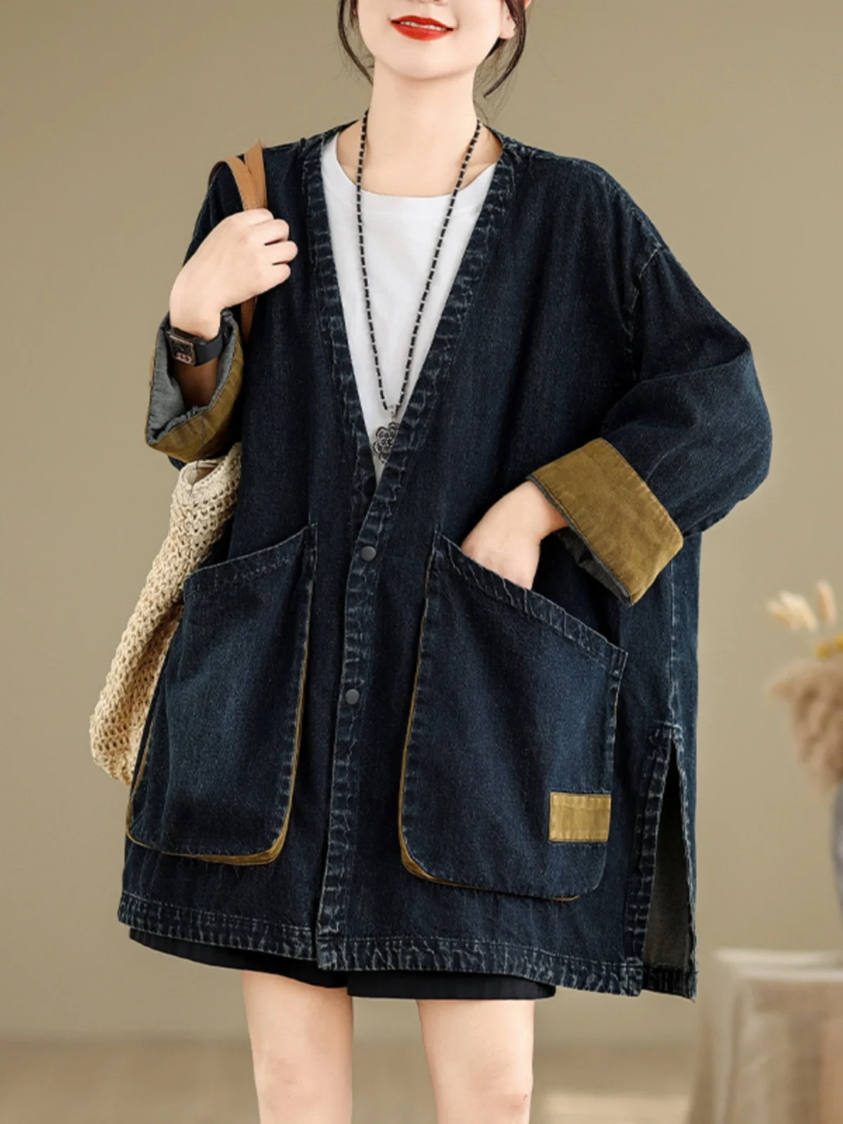 

Retro V-ne Large ket Denim Jaet Women's Casual Loose Oversize Mid-length Windbreaker Autumn 2024 Korean Sle Long Sve
