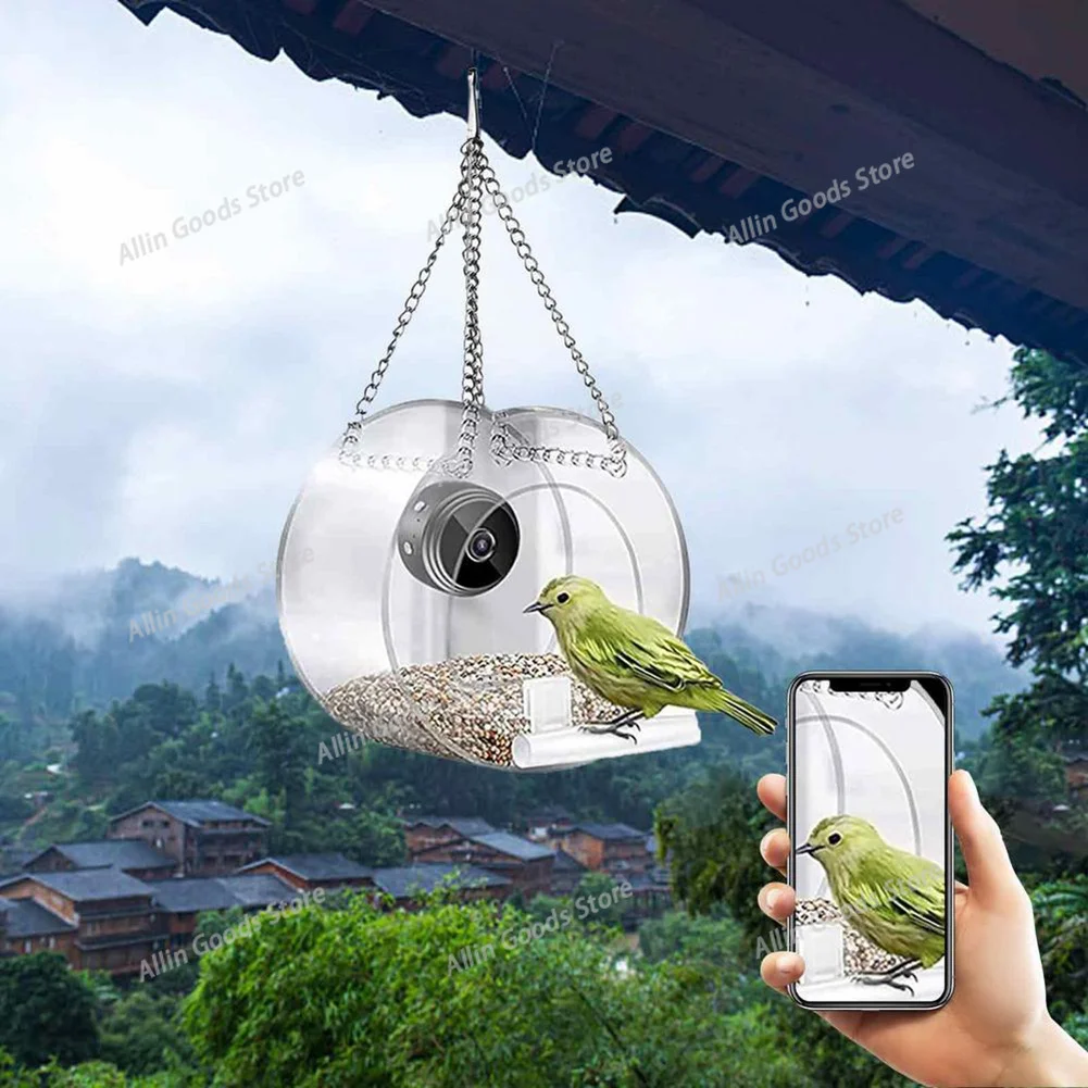 Smart Birds Hanging Feeder Acrylic with Camera Bird House Pet Feeder Transparent 1080P HD Easy Installation for Outdoor Garden