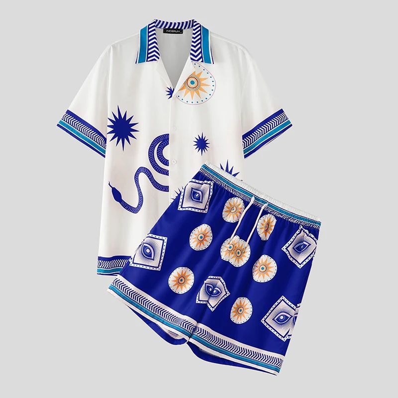 INCERUN Men' Sets Printing Vacation Short Sleeve Shirts Shorts Two Piece Sets Summer 2026 Loose Casu