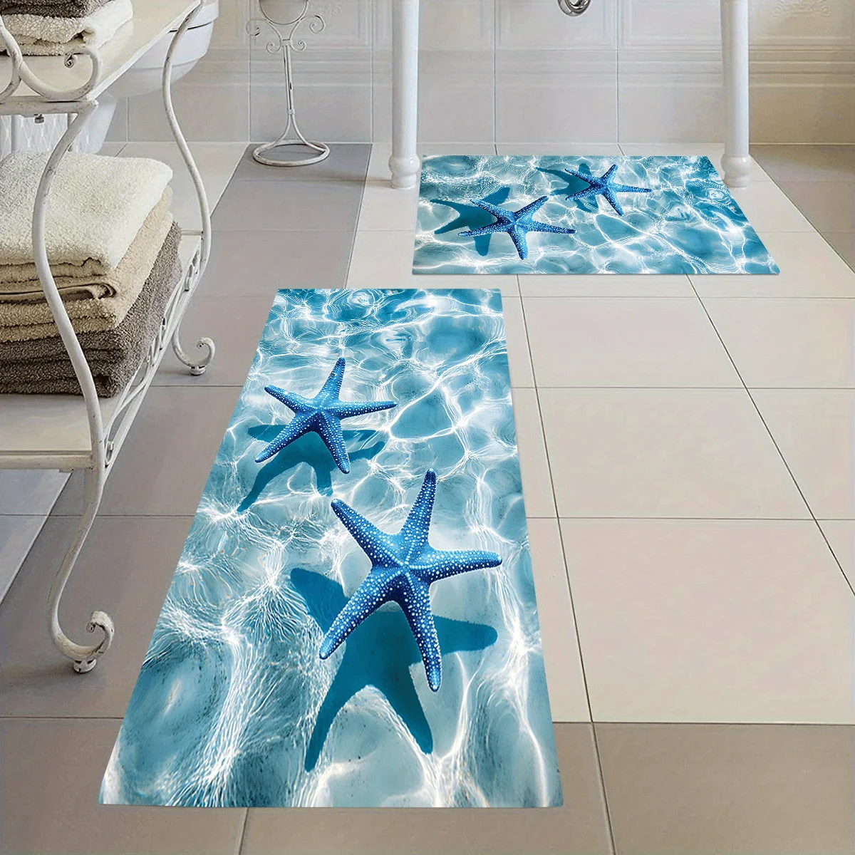 2pcs/ 3pcs/ Set Two Blue Starfish Floating on The Water Surface Printed Bathroom Floor Mat Set, Home Decoration Area Carpet, M