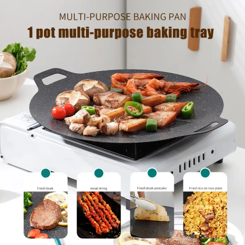 Grill Pan Korean Round Non-Stick Barbecue Plate Outdoor Travel Camping BBQ Frying Pan Barbecue Accessories Gas Open Fire Home