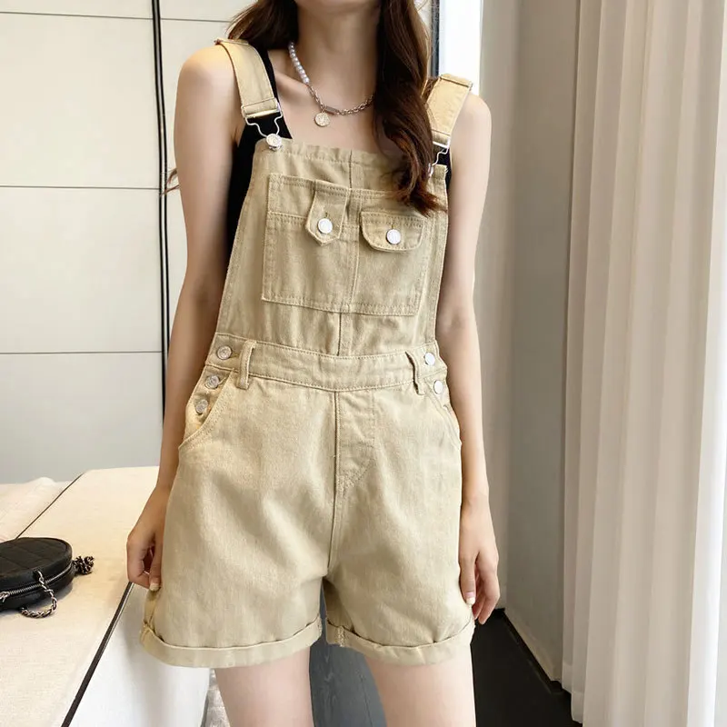 Summer Khaki Overall Shorts Women Korean Fashion Street Trend Cargo Denim Backstrap Shorts Loose Rolled Edge Y2k Jean Shorts