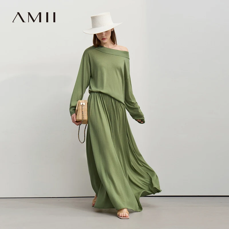 

Длинная юбка Amii, весна 2026, новый минималистичный шерстяной вязаный свитер, длинная юбка трапециевидной формы, повседневный однотонный женский топ с длинными рукавами 12651009