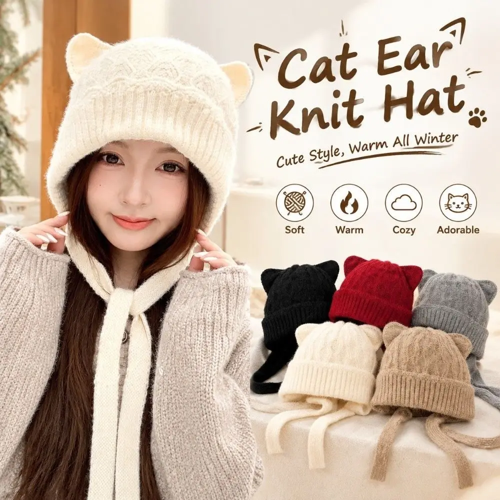 Durable Windproof Cat Ear Knit Hat Warm Knitted Skin Friendly Soft Beanie 3D Cat Ear Stretchy Fit Head Cover Outdoor