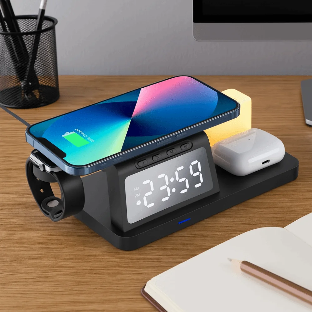 

Plastic Wireless Charging Clock Fast Charging LED Display Wireless Charger Clock with Watch Stand Earphone Charging
