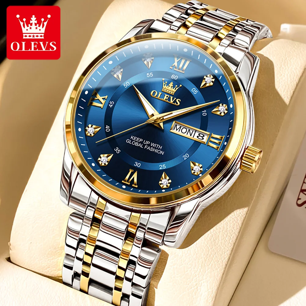 OLEVS 5513 Man Watch Stainless Steel Diamond Roman Scale Dual Calendar Waterproof Luminous Business Wristwatch Gift Box for Men