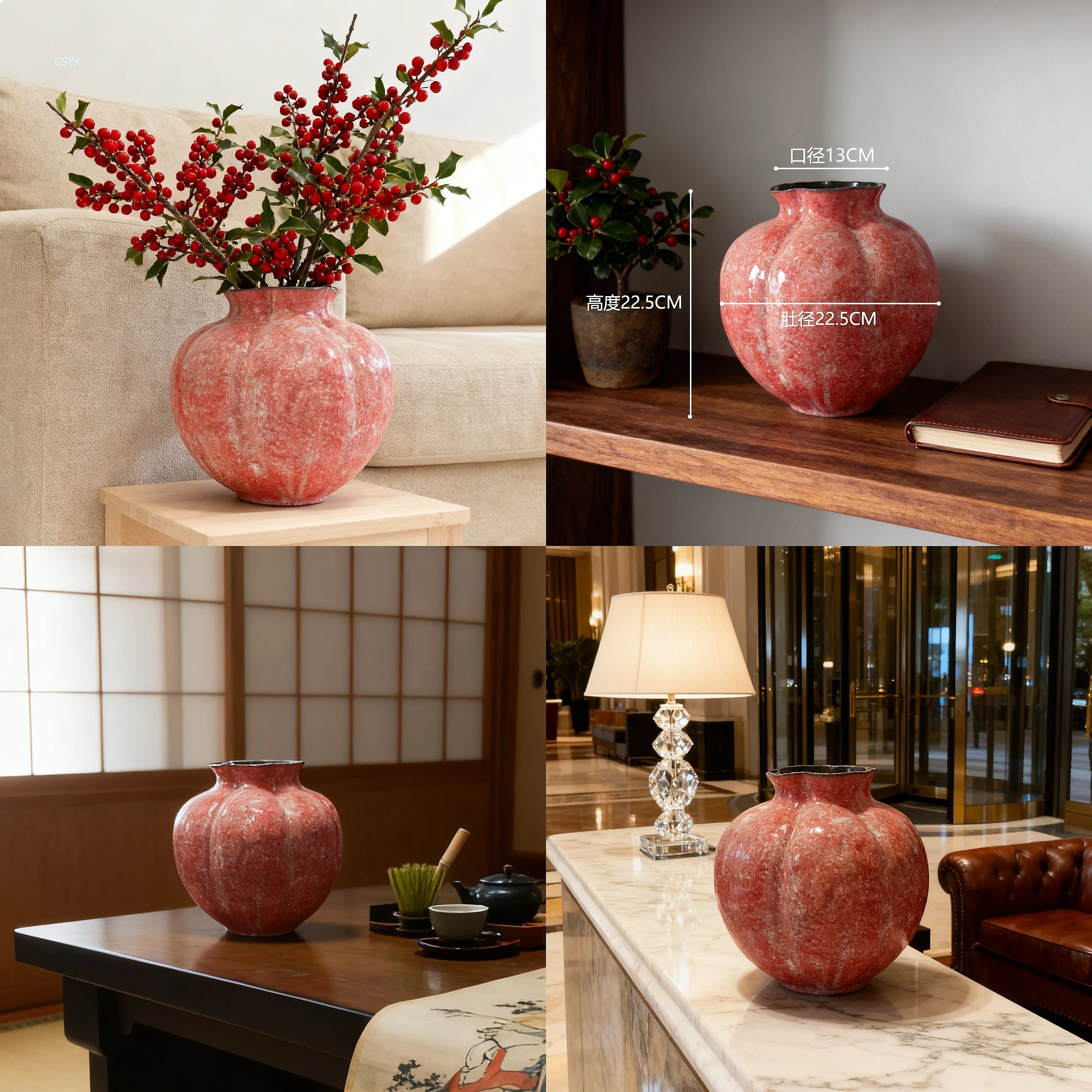 Handmade Ceramic Vase Jingdezhen A-Grade High-Temperature Red Pumpkin Vase New Chinese Style Home Decor Ornament