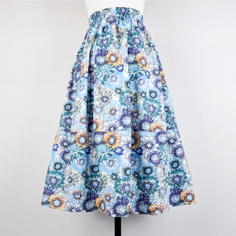 Women Floral Print Elastic Waist Midi Skirt with Pockets A-Line French Oil Painting Flower Flowy Skirt Causal Holiday Outfits