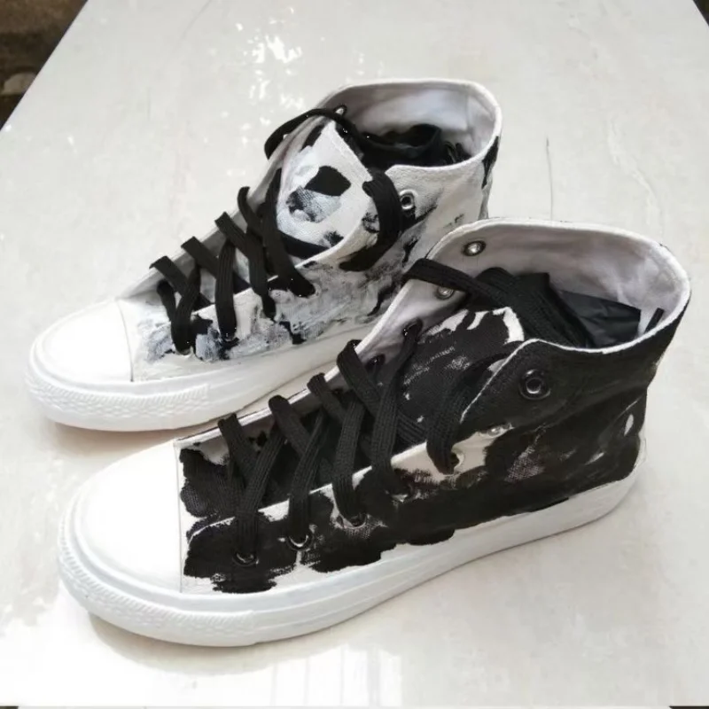 

Черно-белые высокие парусиновые туфли ручной работы для мужчин и женщин, удобная повседневная обувь 35-44
